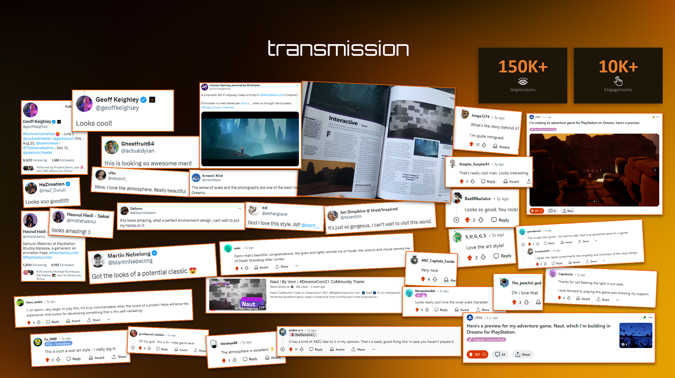 Collage of responses to the original Naut in Dreams, including community comments, creator reactions and magazine coverage